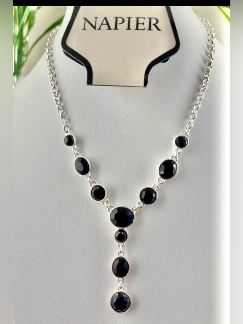 Napier Y-shape Black beveled round & oval shiny enamel stones set in silvertone
